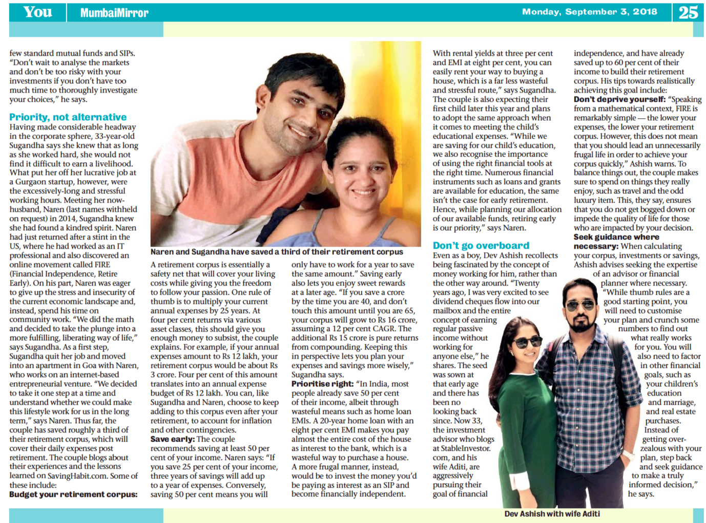 Snapshot of Mumbai Mirror Article Featuring Sugandha & Naren