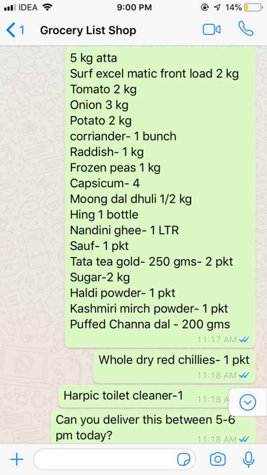 Grocery order via whatsapp